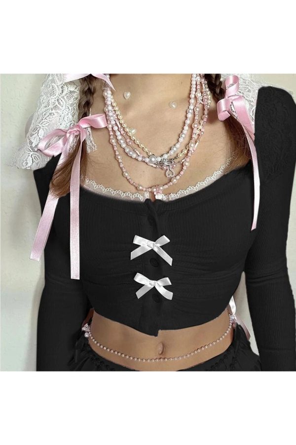 Lace-Trim Bow Tie Crop Cardigan for Y2K Aesthetic & Coquette Style