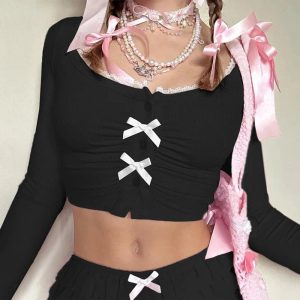 Lace-Trim Bow Tie Crop Cardigan for Y2K Aesthetic & Coquette Style