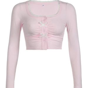 Lace-Trim Bow Tie Crop Cardigan for Y2K Aesthetic & Coquette Style