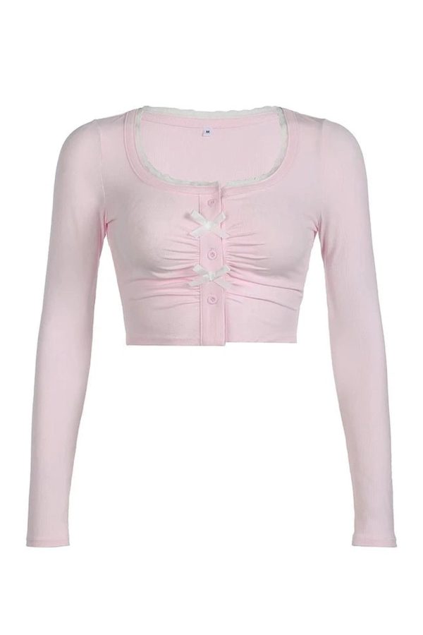 Lace-Trim Bow Tie Crop Cardigan for Y2K Aesthetic & Coquette Style