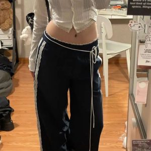 Lace-Trim Casual Joggers for Y2K Aesthetic & Coquette Style Outfits