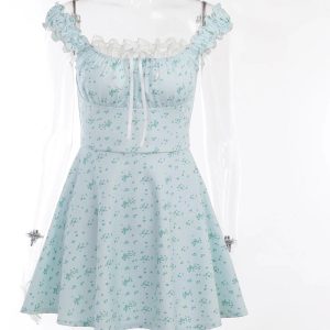 Lace-Trim Off-Shoulder Mini Dress for Y2K Aesthetic & Coquette Style