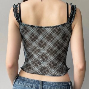 Lace-Trim Plaid Mesh Top for Y2K Aesthetic & Coquette Style Outfits