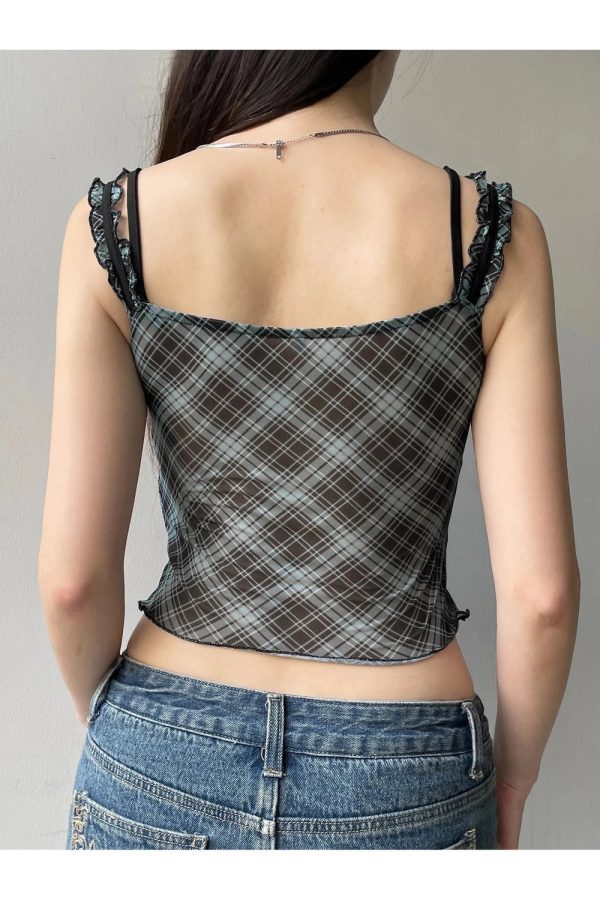 Lace-Trim Plaid Mesh Top for Y2K Aesthetic & Coquette Style Outfits