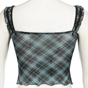 Lace-Trim Plaid Mesh Top for Y2K Aesthetic & Coquette Style Outfits