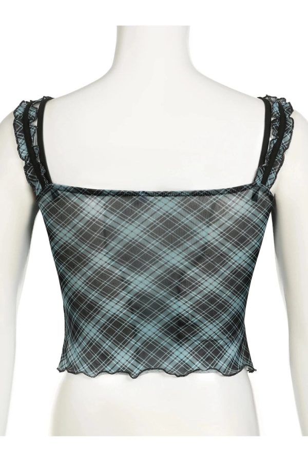 Lace-Trim Plaid Mesh Top for Y2K Aesthetic & Coquette Style Outfits