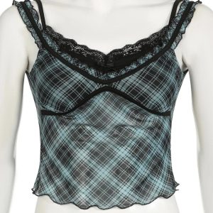 Lace-Trim Plaid Mesh Top for Y2K Aesthetic & Coquette Style Outfits