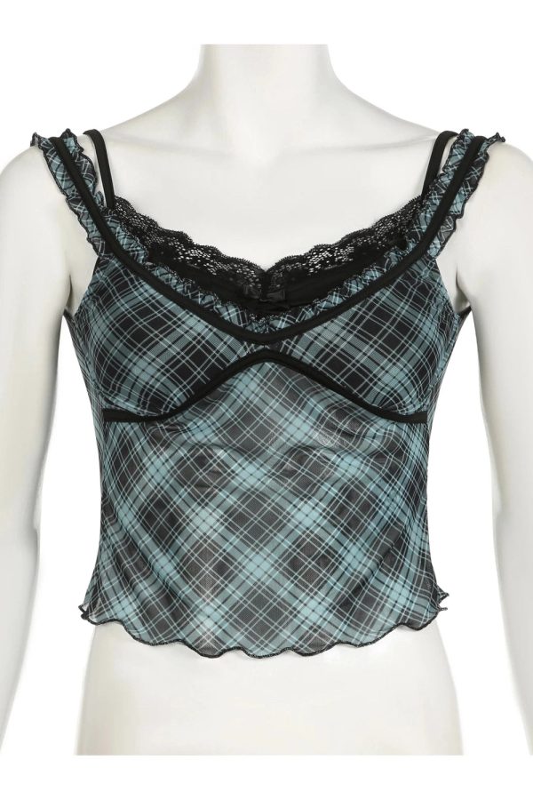 Lace-Trim Plaid Mesh Top for Y2K Aesthetic & Coquette Style Outfits