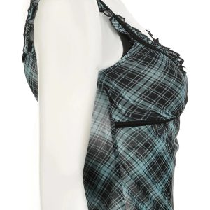 Lace-Trim Plaid Mesh Top for Y2K Aesthetic & Coquette Style Outfits