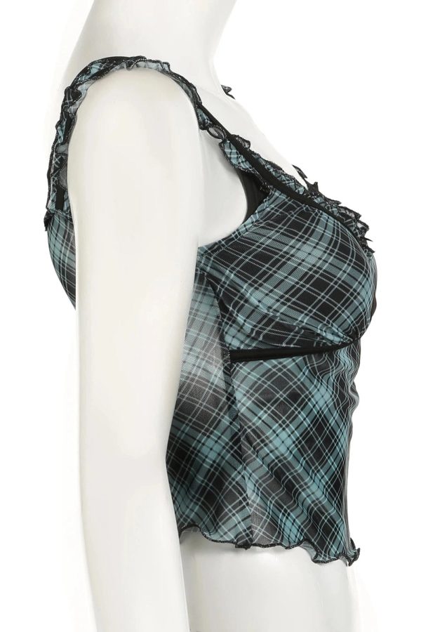 Lace-Trim Plaid Mesh Top for Y2K Aesthetic & Coquette Style Outfits