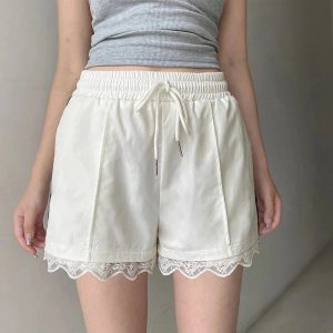 Lace-Trim Sporty Drawstring Shorts for Y2K Aesthetic and Comfy Style