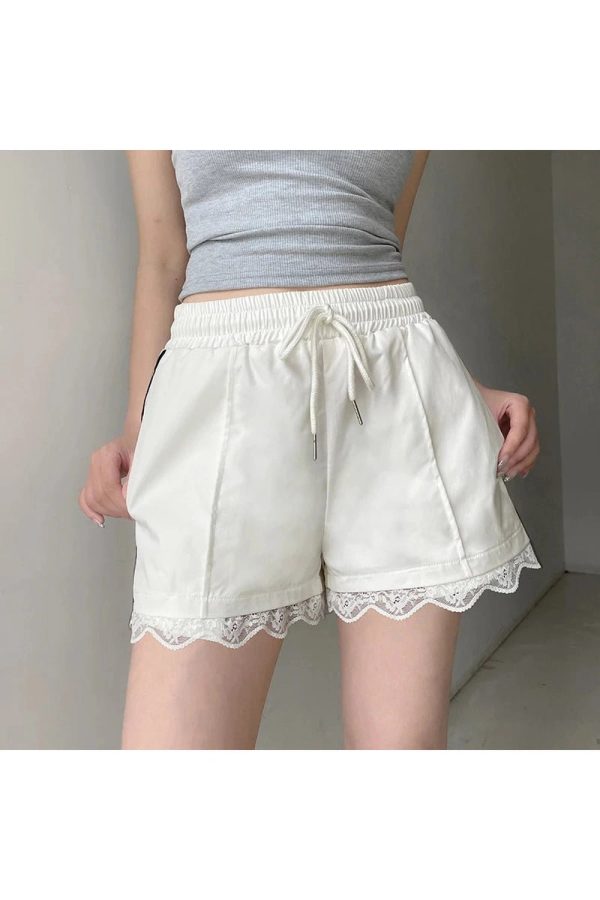 Lace-Trim Sporty Drawstring Shorts for Y2K Aesthetic and Comfy Style