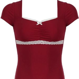 Lace-Trim Sweetheart Ruched Top for Y2K Aesthetic & Coquette Style