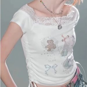 Lace-Trimmed Off-Shoulder Graphic Top for Y2K Aesthetic Outfits