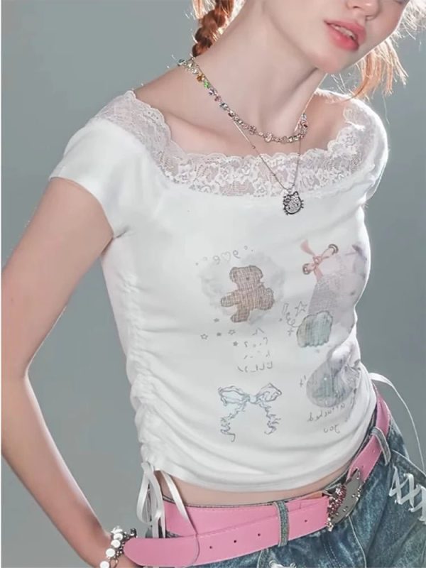 Lace-Trimmed Off-Shoulder Graphic Top for Y2K Aesthetic Outfits