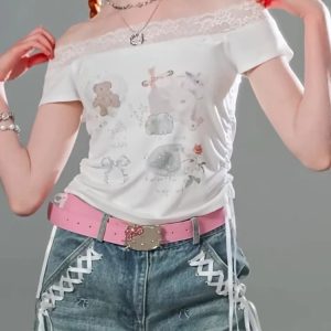 Lace-Trimmed Off-Shoulder Graphic Top for Y2K Aesthetic Outfits