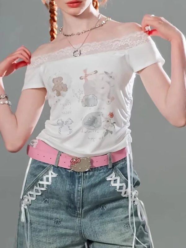 Lace-Trimmed Off-Shoulder Graphic Top for Y2K Aesthetic Outfits