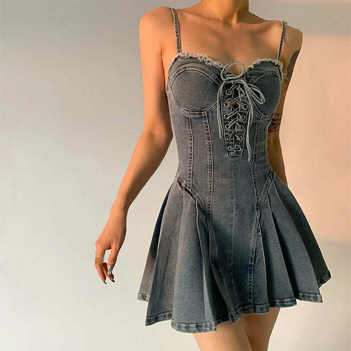 Lace Up Denim Dress - Y2K Aesthetic with Grunge and Coquette Vibes