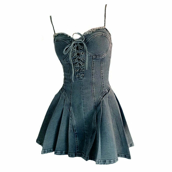 Lace Up Denim Dress - Y2K Aesthetic with Grunge and Coquette Vibes