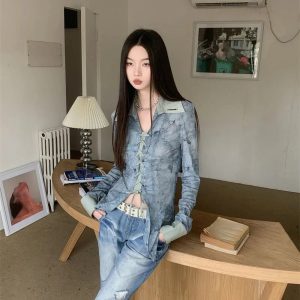 Lace-Up Distressed Denim Blouse for Y2K Aesthetic and Grunge Style