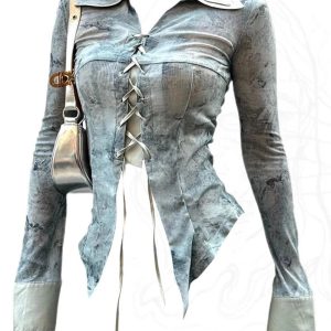 Lace-Up Distressed Denim Blouse for Y2K Aesthetic and Grunge Style