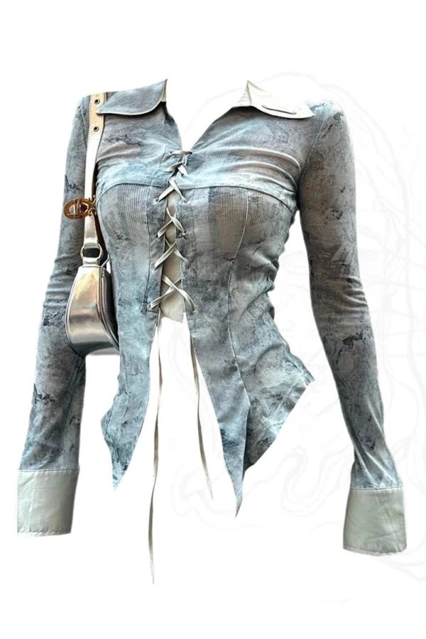 Lace-Up Distressed Denim Blouse for Y2K Aesthetic and Grunge Style