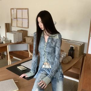 Lace-Up Distressed Denim Blouse for Y2K Aesthetic and Grunge Style