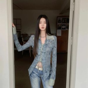 Lace-Up Distressed Denim Blouse for Y2K Aesthetic and Grunge Style