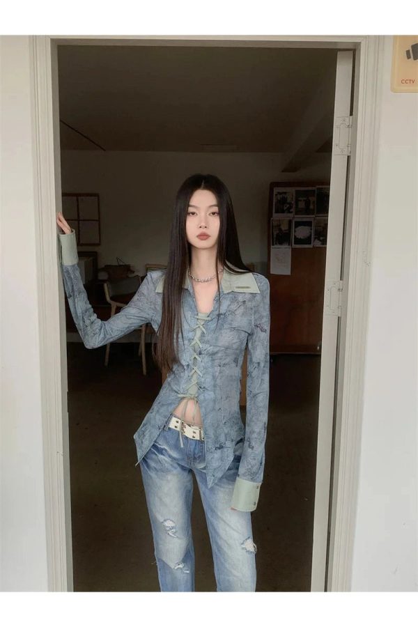 Lace-Up Distressed Denim Blouse for Y2K Aesthetic and Grunge Style