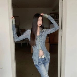 Lace-Up Distressed Denim Blouse for Y2K Aesthetic and Grunge Style