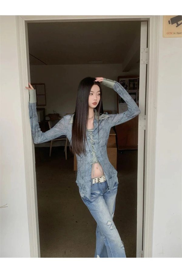 Lace-Up Distressed Denim Blouse for Y2K Aesthetic and Grunge Style