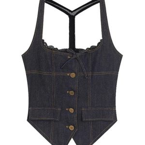 Lace-Up Indigo Mini Set - Y2K Aesthetic Cute Outfit for Trendy Looks