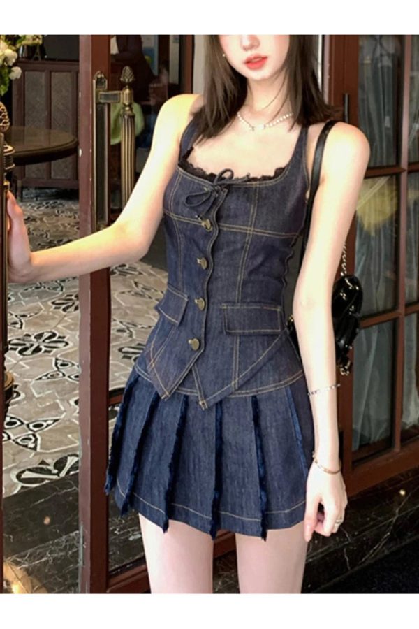 Lace-Up Indigo Mini Set - Y2K Aesthetic Cute Outfit for Trendy Looks