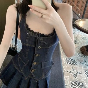 Lace-Up Indigo Mini Set - Y2K Aesthetic Cute Outfit for Trendy Looks