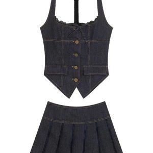 Lace-Up Indigo Mini Set - Y2K Aesthetic Cute Outfit for Trendy Looks