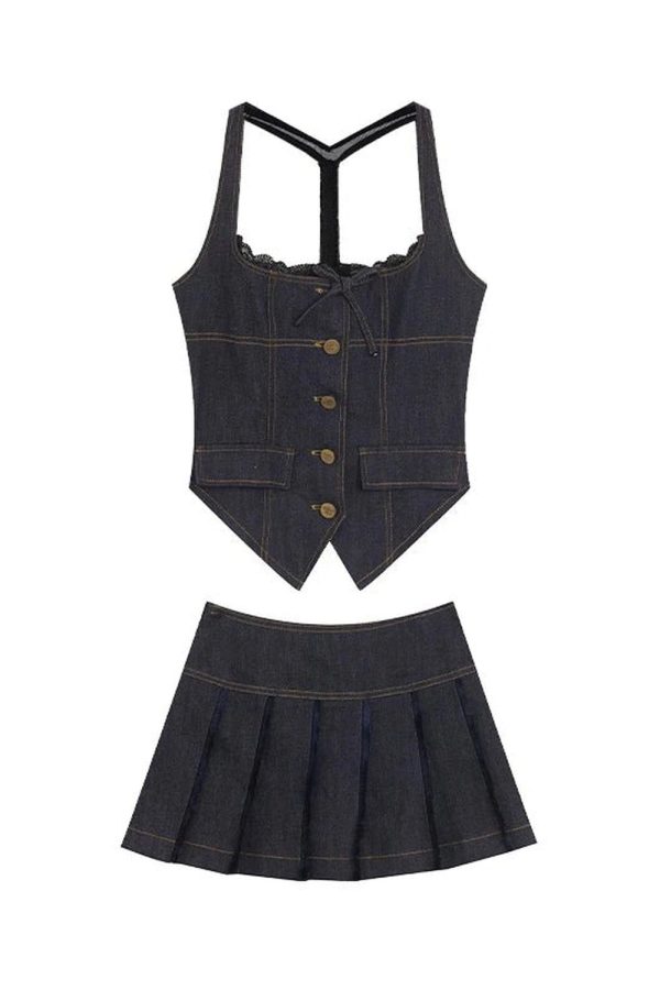 Lace-Up Indigo Mini Set - Y2K Aesthetic Cute Outfit for Trendy Looks