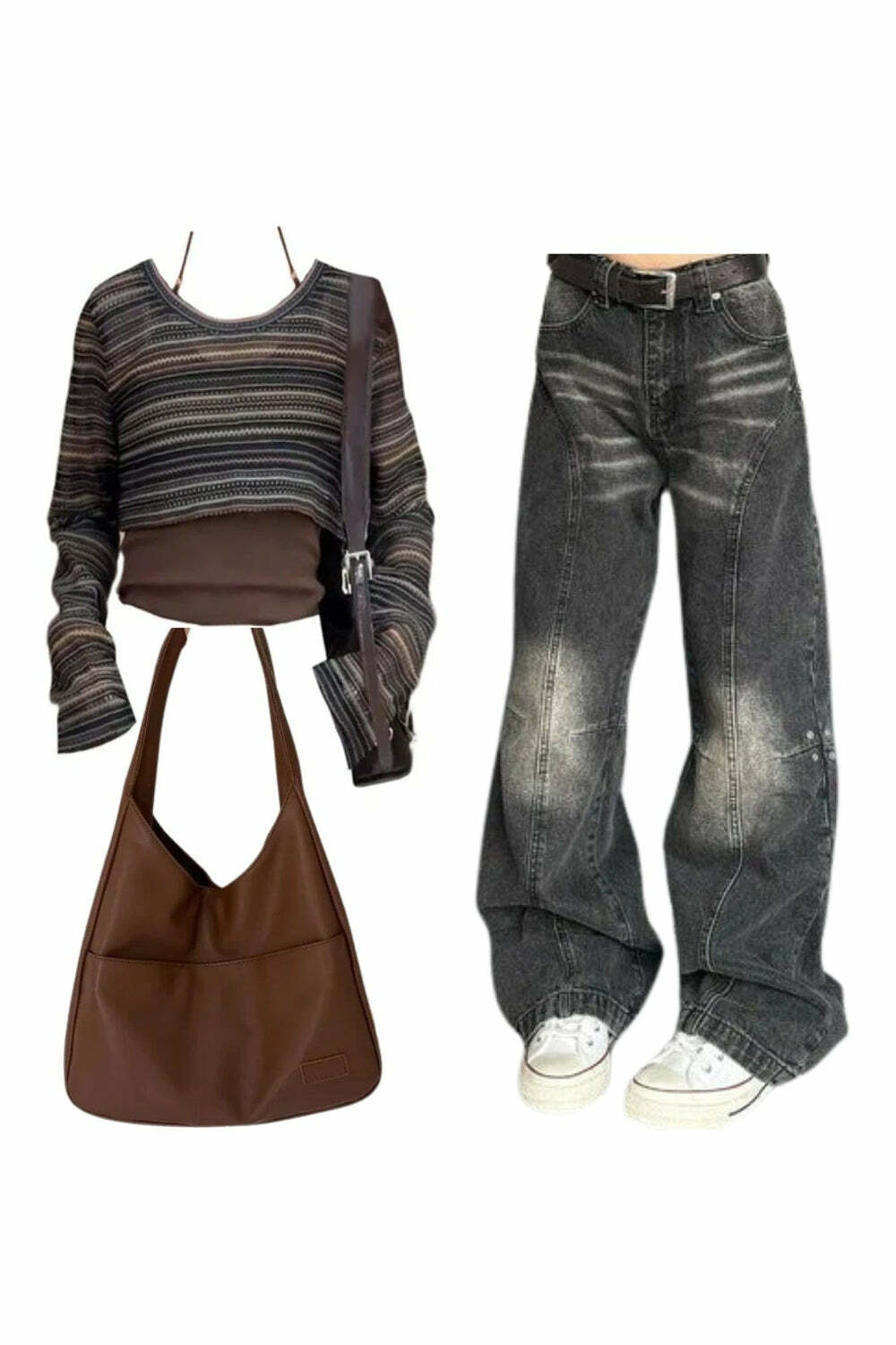 Layered Boho Knit Crop Top with Washed Black Wide-Leg Jeans & Leather Bag