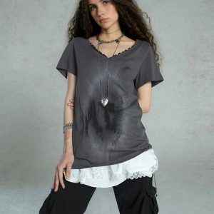 Layered Gothic Lace Trim T-Shirt for Y2K Aesthetic and Grunge Style