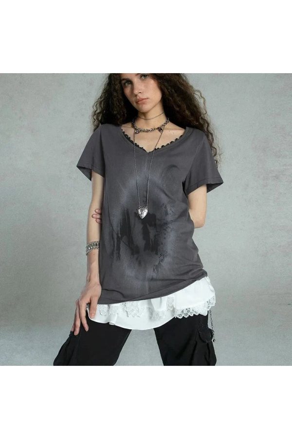 Layered Gothic Lace Trim T-Shirt for Y2K Aesthetic and Grunge Style