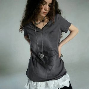 Layered Gothic Lace Trim T-Shirt for Y2K Aesthetic and Grunge Style