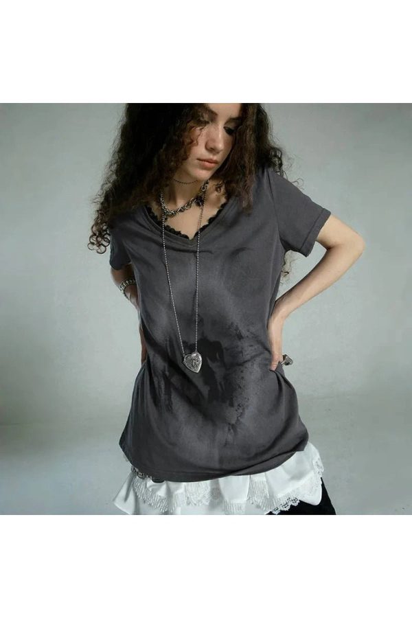 Layered Gothic Lace Trim T-Shirt for Y2K Aesthetic and Grunge Style