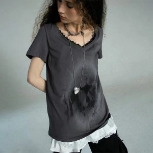 Layered Gothic Lace Trim T-Shirt for Y2K Aesthetic and Grunge Style