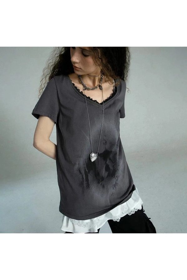 Layered Gothic Lace Trim T-Shirt for Y2K Aesthetic and Grunge Style