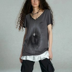 Layered Gothic Lace Trim T-Shirt for Y2K Aesthetic and Grunge Style