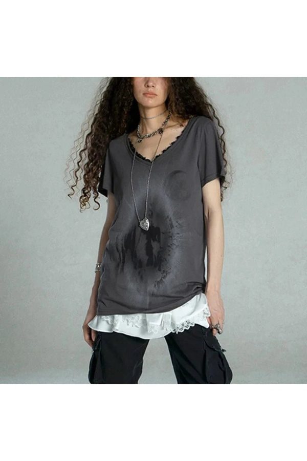 Layered Gothic Lace Trim T-Shirt for Y2K Aesthetic and Grunge Style