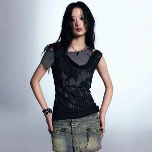 Layered Grunge Mesh Top for Y2K Aesthetic and Coquette Style Outfits