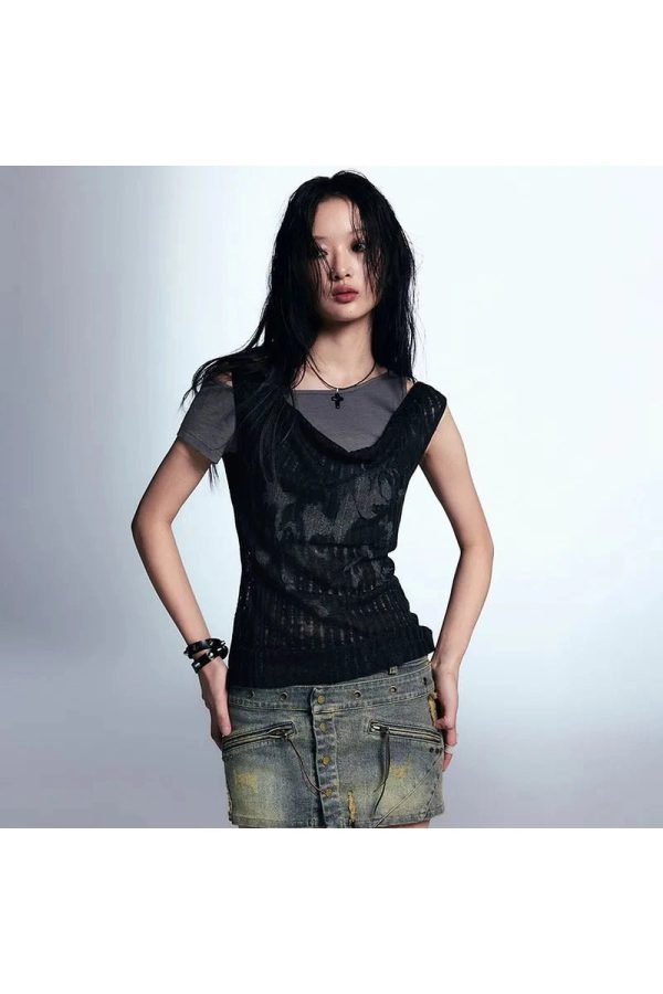 Layered Grunge Mesh Top for Y2K Aesthetic and Coquette Style Outfits