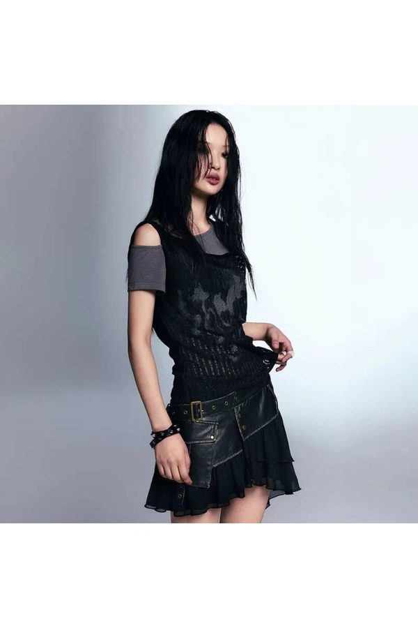 Layered Grunge Mesh Top for Y2K Aesthetic and Coquette Style Outfits