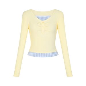 Lemon Gingham Layered Top - Y2K Aesthetic Cute Top for Stylish Outfits