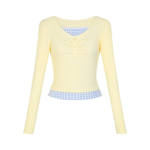 Lemon Gingham Layered Top - Y2K Aesthetic Cute Top for Stylish Outfits